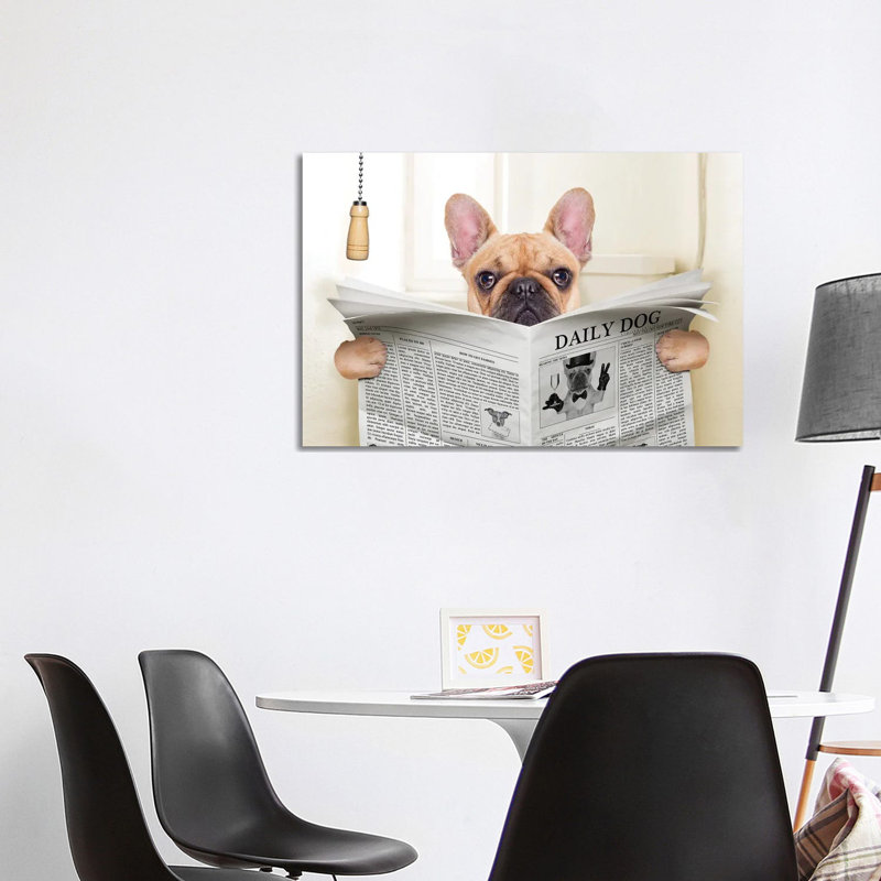 Dog On Toilet Seat Reading Newspaper V by Damedeeso - Print on Canvas, Wrapped Canvas, 66.04cm H x 101.6cm W x 1.91cm D