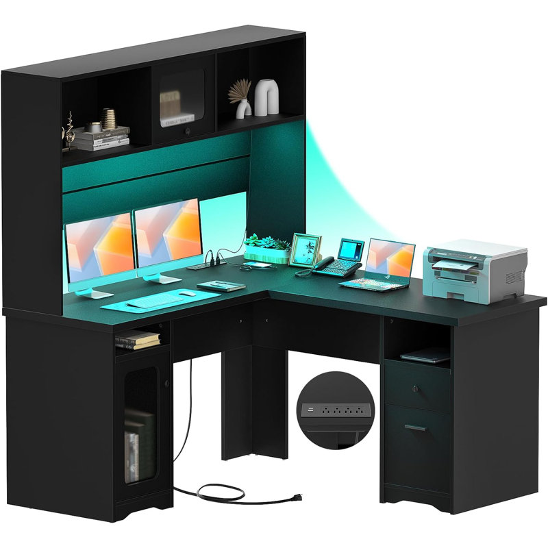 Black L-Shaped Executive Desk with Hutch and Power Outlet