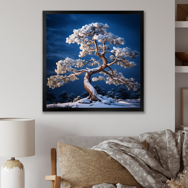 Bonsai pureté en hiver sur toile, Cadre simple noir, H 16 po x l 16 po x P 1 po