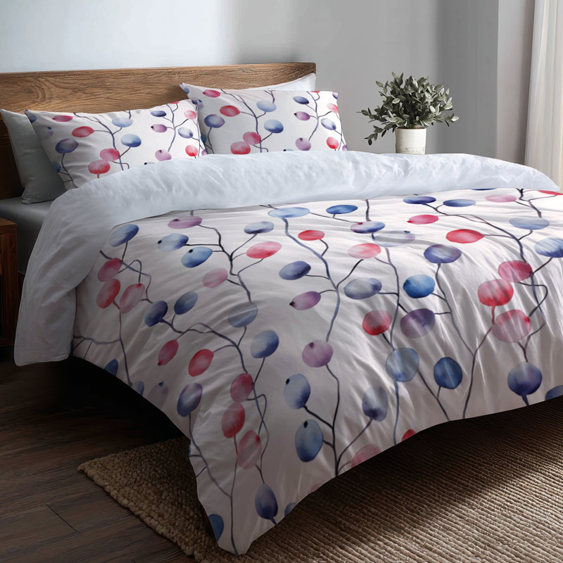 Ensemble de literie à motif floral 3 pièces - Housse de couette et coussin décoratif Blue Berry Whisper
