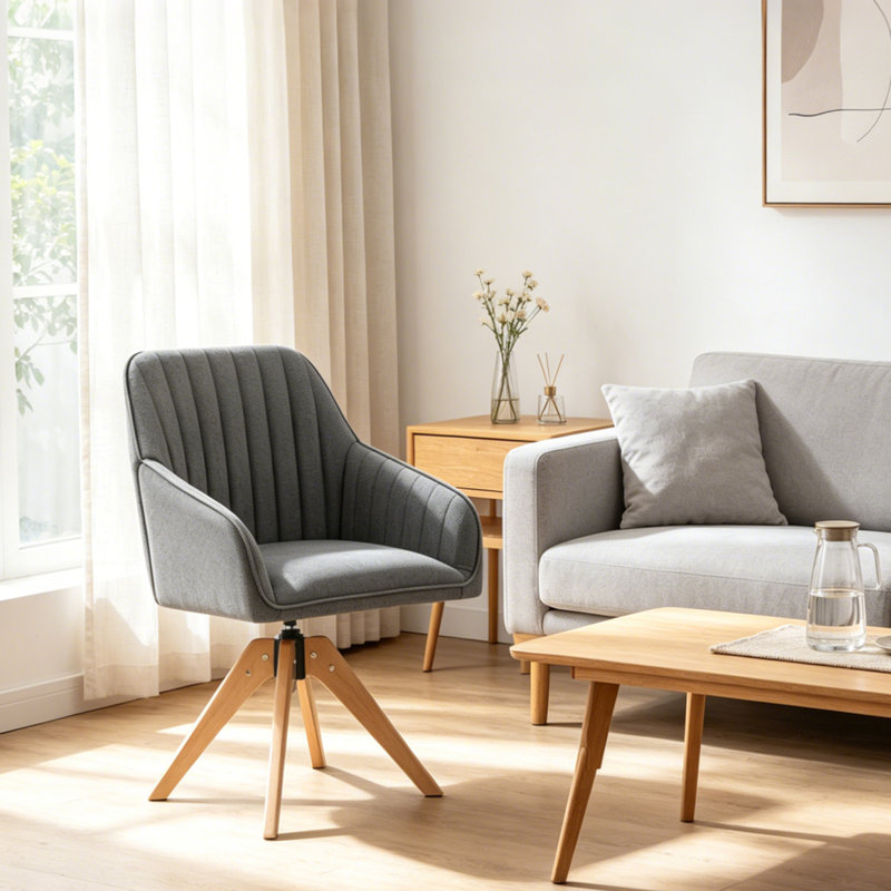  Fauteuil d'appoint pivotant rembourré, fauteuil en bois ergonomique en lin pour salon, chambre à coucher