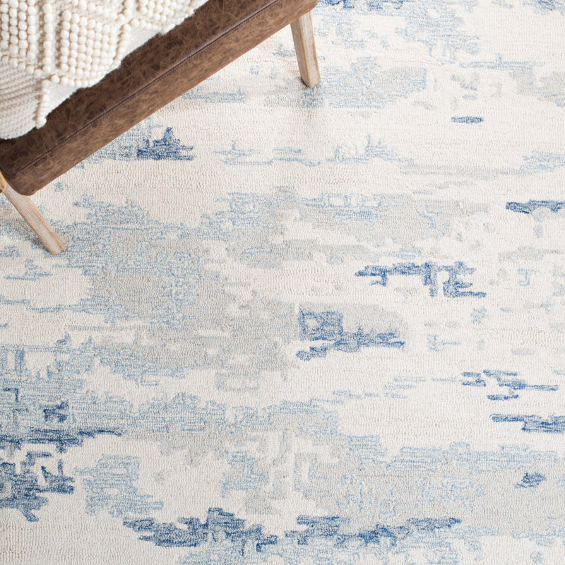 Ivory and Blue Abstract Hand-Tufted Wool 8' x 10' Rug