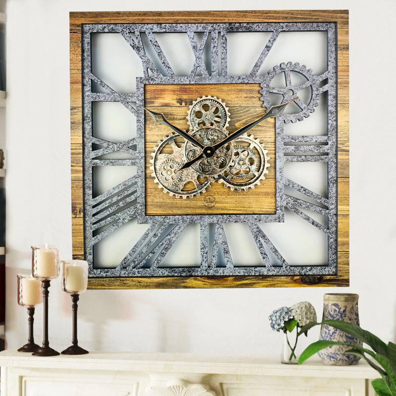 Oversized Square Wood and Stone Gear Wall Clock