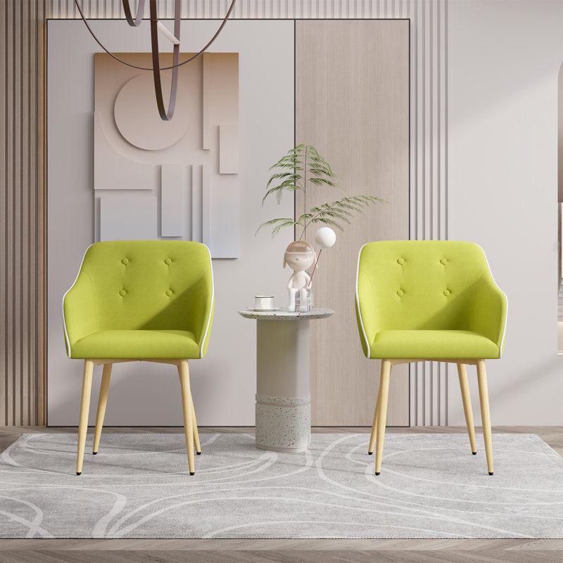 Mid-Century Modern Dining Chair With Wood Finished Metal Legs, 2-Pcs Set, Green