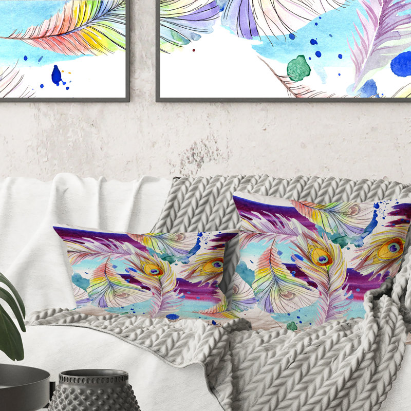 Coussin décoratif imprimé bohémien Bright and Colorful Boho Feathers I