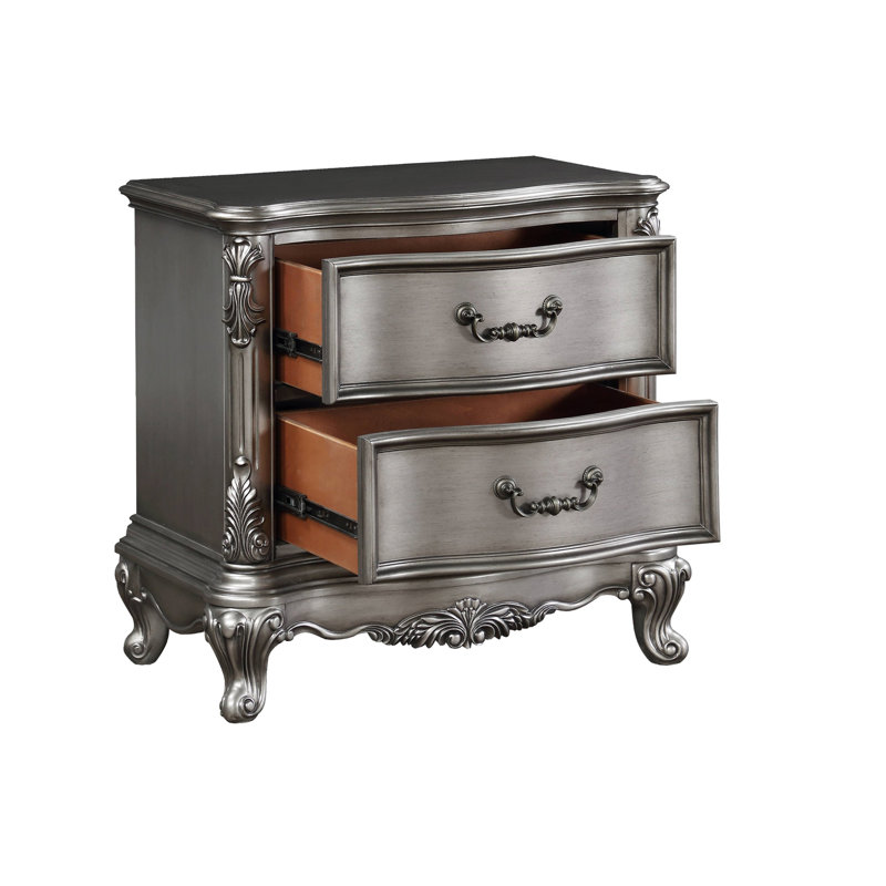 Traditional Vintage Bedroom 1Pc Nightstand With 2 Drawers Antique Platinum Finish Wooden Furniture Classic Design