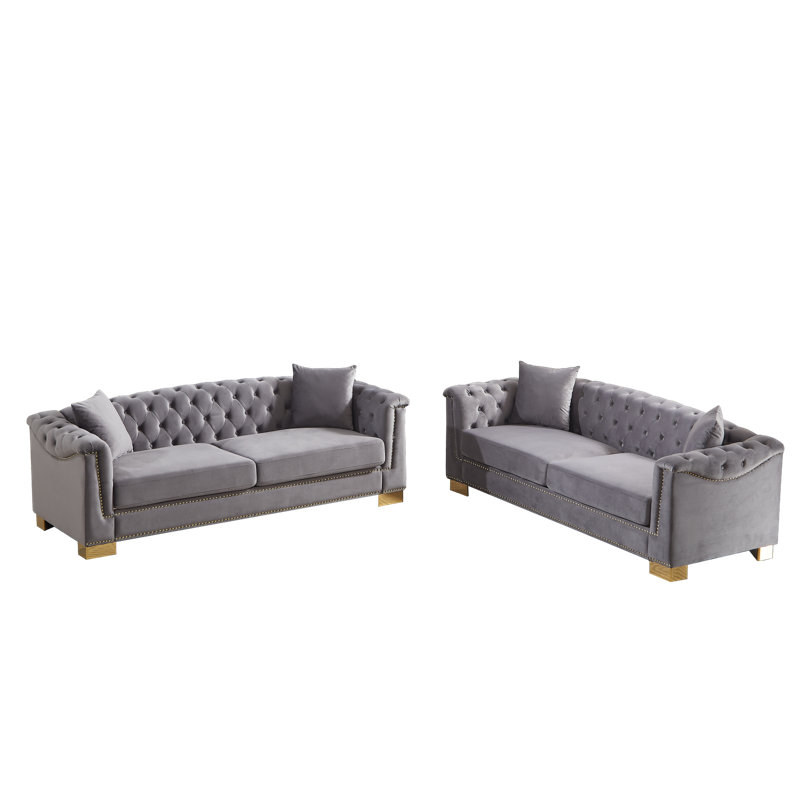 Canapé Chesterfield en velours 3 places avec accoudoirs roulés, idéal pour les salons, Gris