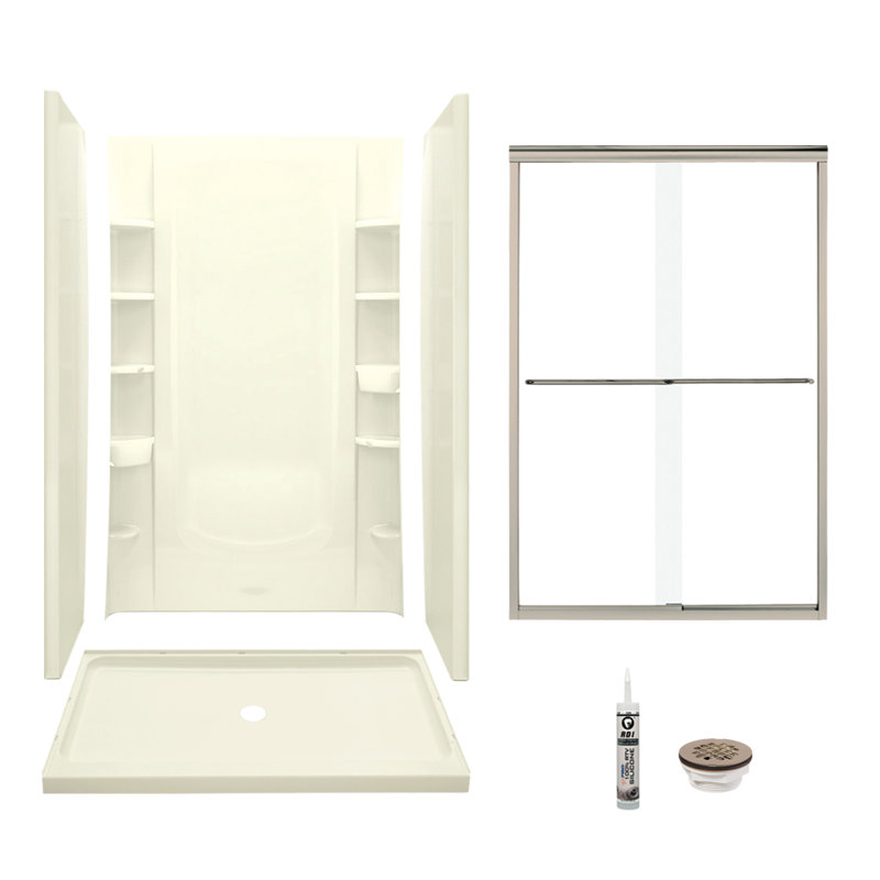 48" W x 75.75" H Frameless Rectangle Sliding Shower Kit with Towel Bar and Base Included, Nickel, White