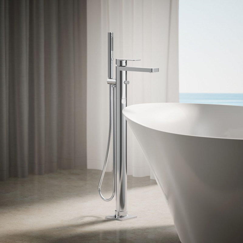 Parallel Floor-Mount Bath Filler Trim With Handshower, Polished Chrome