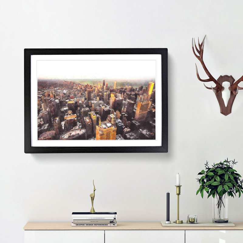 Flying over the Chicago Skyline - Picture Frame Graphic Art Print, Black Framed, 45cm H x 63cm W x 2cm D