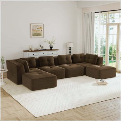 Canapé modulaire désossé moderne pour le salon, tissu en velours côtelé, canapé 4 places avec assise profonde et repose-pieds mobile 2, passepoil perlé, conception capitonnée, sans assemblage, conception antidérapante