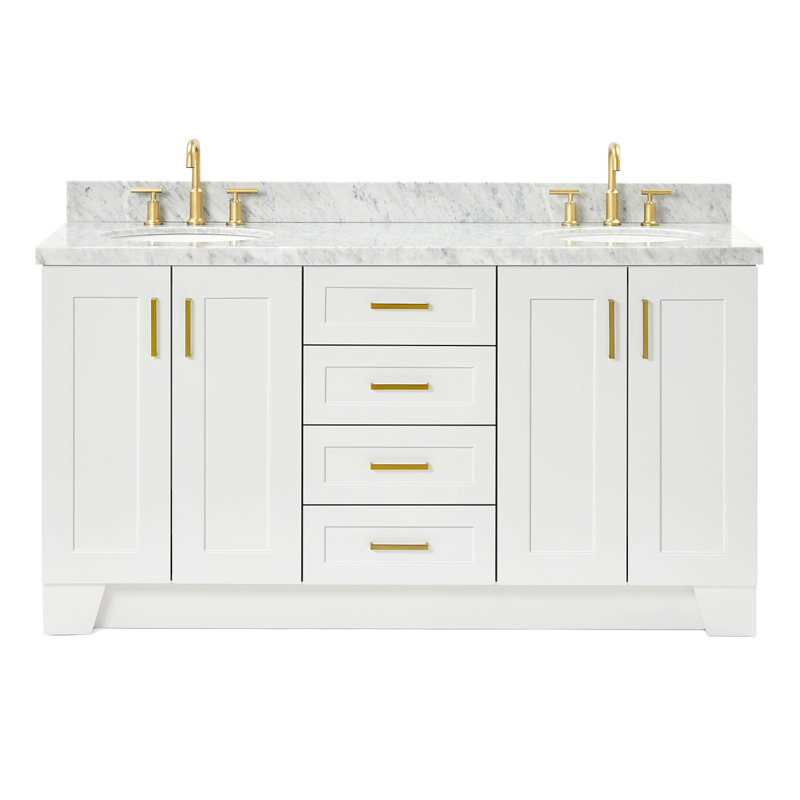 Freitas 67'' Solid Wood Single Bathroom Vanity in White with 1.5'' Carrara Marble Top, Center, Oval Sink, White, Oval 