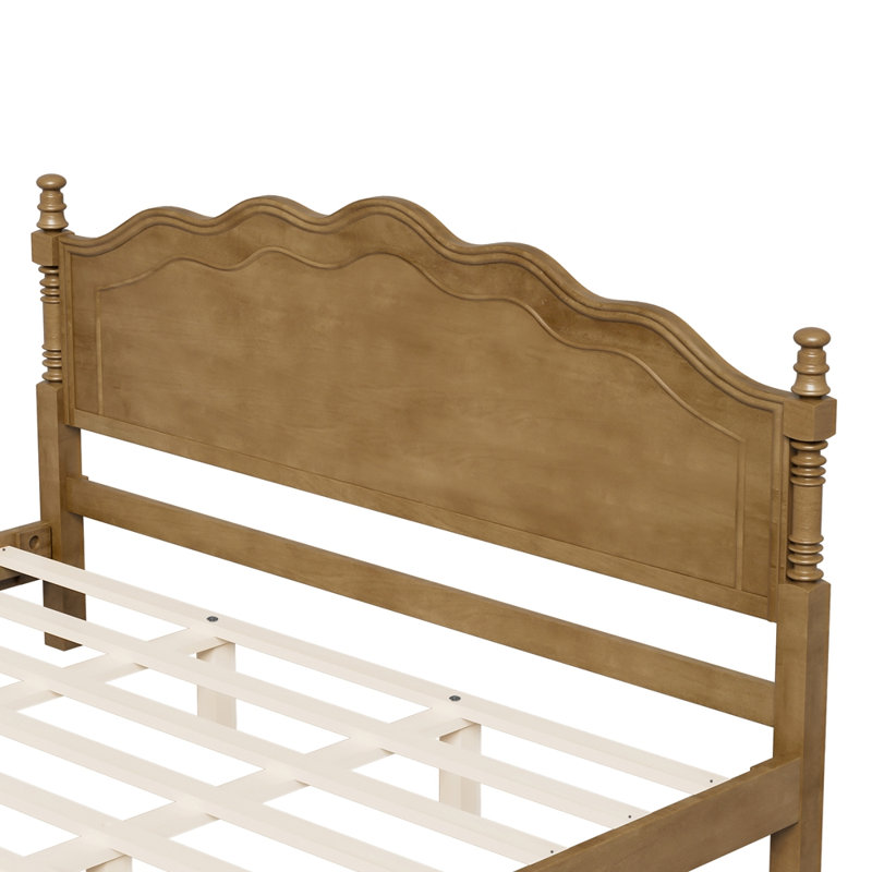 Structure de lit plateforme en bois avec tête de lit courbée sans sommier, Très grand lit, Chêne foncé