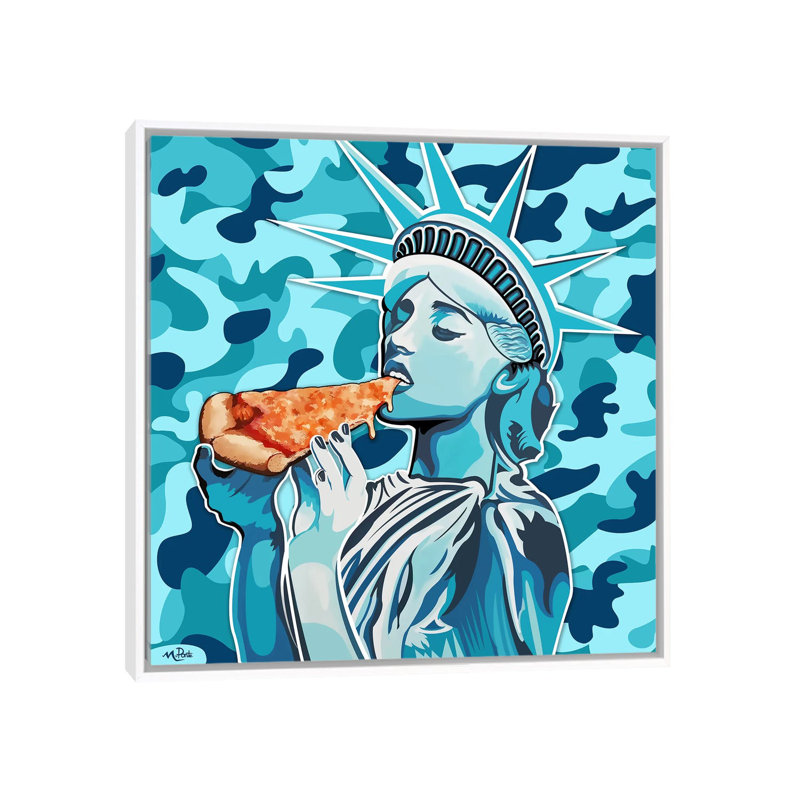 Liberty pizza-imprimé carré bleu, Pas de tapis, Toile blanche encadrée, H 37 po x l 37 po x P 1,5 po