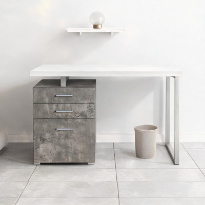 Computer desk with storage drawers for home office, crisp white and concrete laminate, 48-inch reversible setup, modern U-shaped metal base