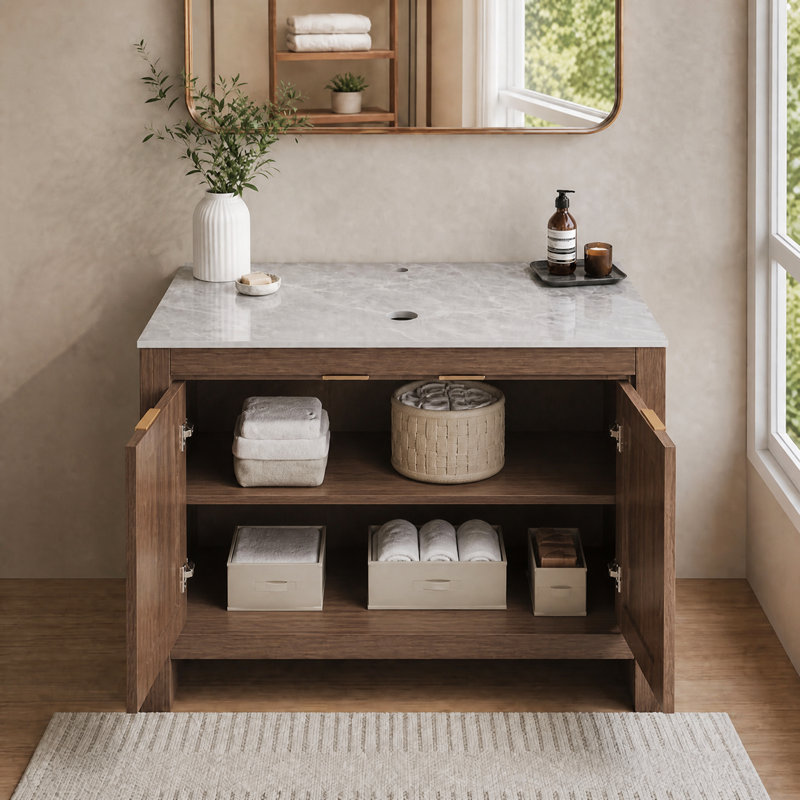 Base de meuble-lavabo autoportant en rotin, armoire de rangement de style campagne moderne avec portes doubles à fermeture en douceur, sans lavabo inclus