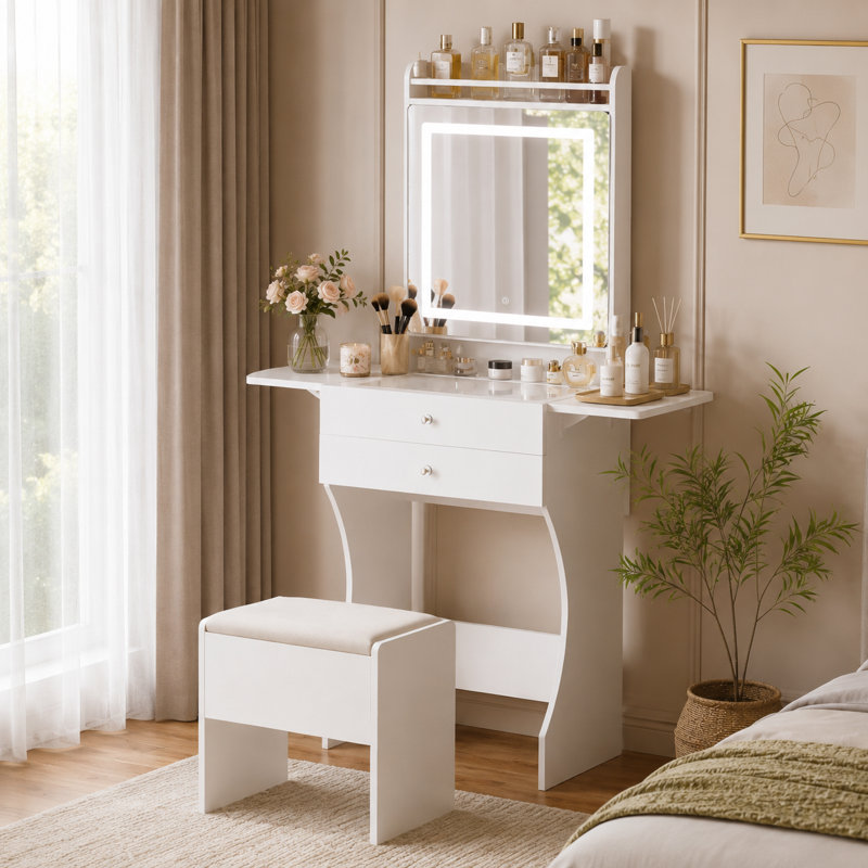 Petit meuble-lavabo avec lumières, ensemble de meuble-lavabo pliant avec tabouret, meuble-lavabo à plateau en verre avec rangement caché