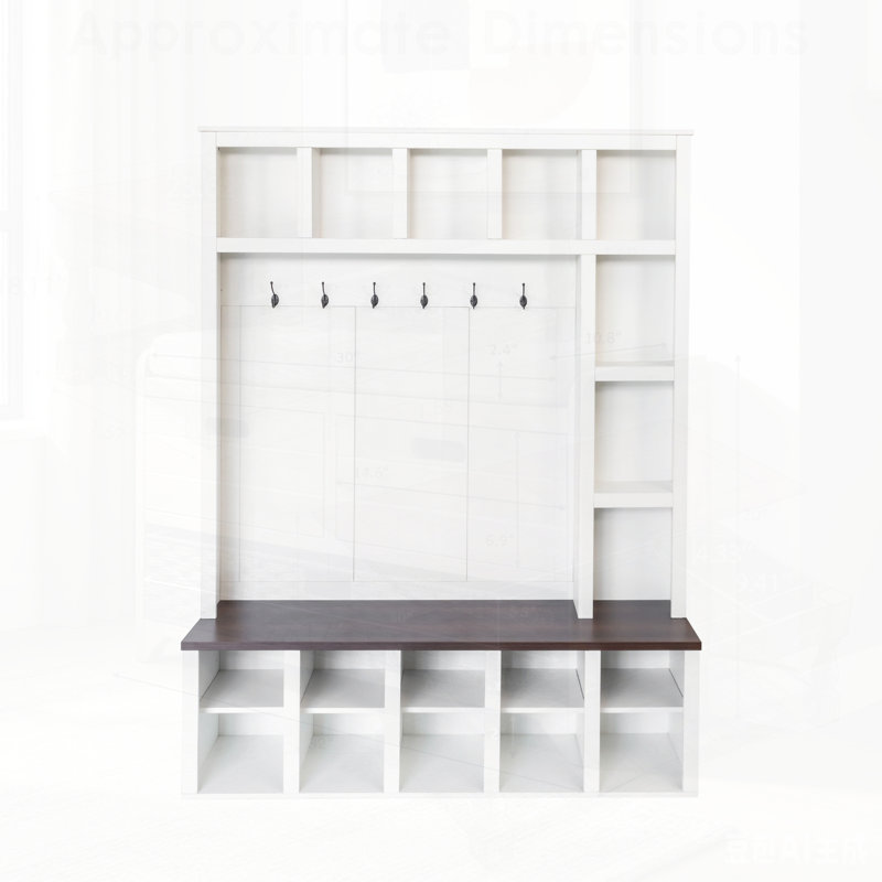 Farmhouse Wooden Hall Tree with 6 Hooks, Adjustable Shelves, and Shoe Cubbies for Entryway Organization, White+Walnut