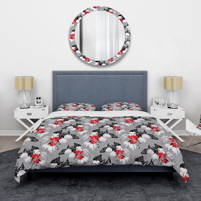 Fleurs rouges et feuilles noires - Ensemble de housse de couette traditionnel - Microfibre de polyester