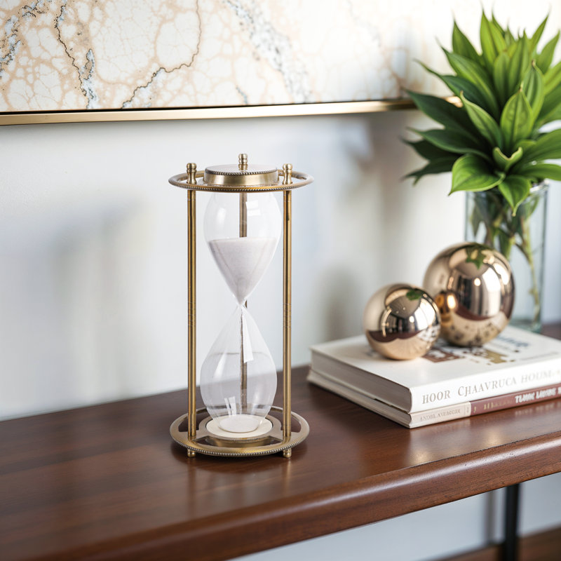 Decorative Glass Hourglass with Metal Frame Sculpture for Home Decor - ModernSand Timer Object Accent for Office Desk or Living Room Decoration - Brown