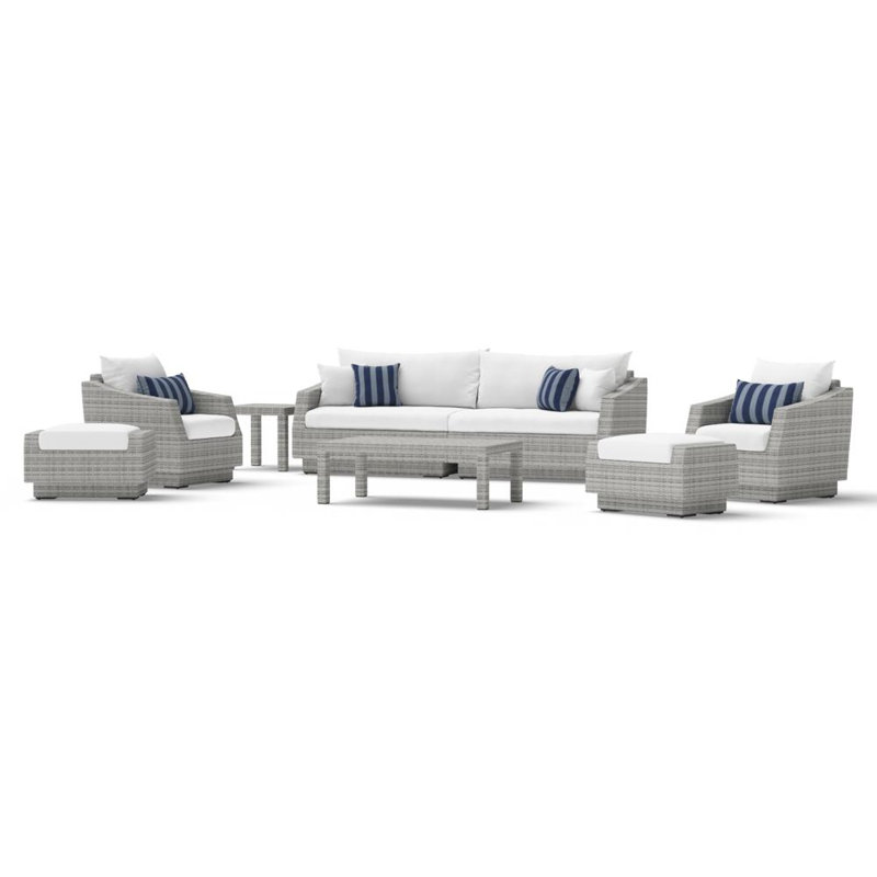 Fionnula 7 Piece Wicker Rattan Sofa Seating Group with Sunbrella Cushions, White/Blue/Navy Blue Sunbrella