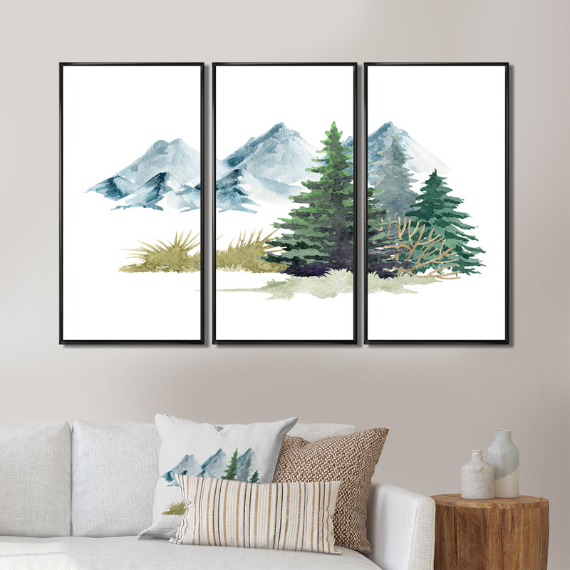 «Pine Trees In Mountain Landscape», peinture sur toile 3 pièces, H 28 po x l 36 po, Cadre simple noir
