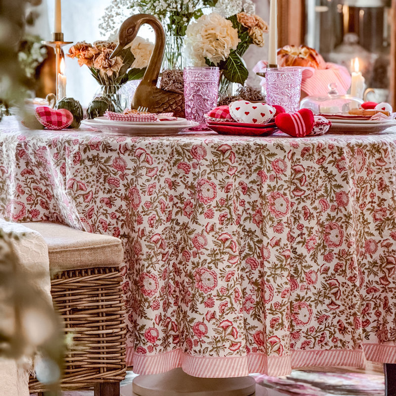 Beatrice Round Tablecloth - Pink And Green, 70" Round
