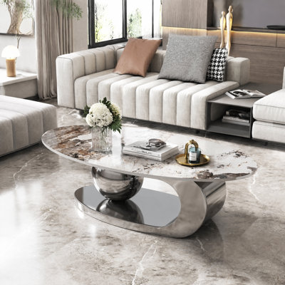 Table basse ovale en faux marbre de 125 cm (49,2 pouces) pour salon, table centrale moderne avec piètement en acier inoxydable pour la décoration intérieure