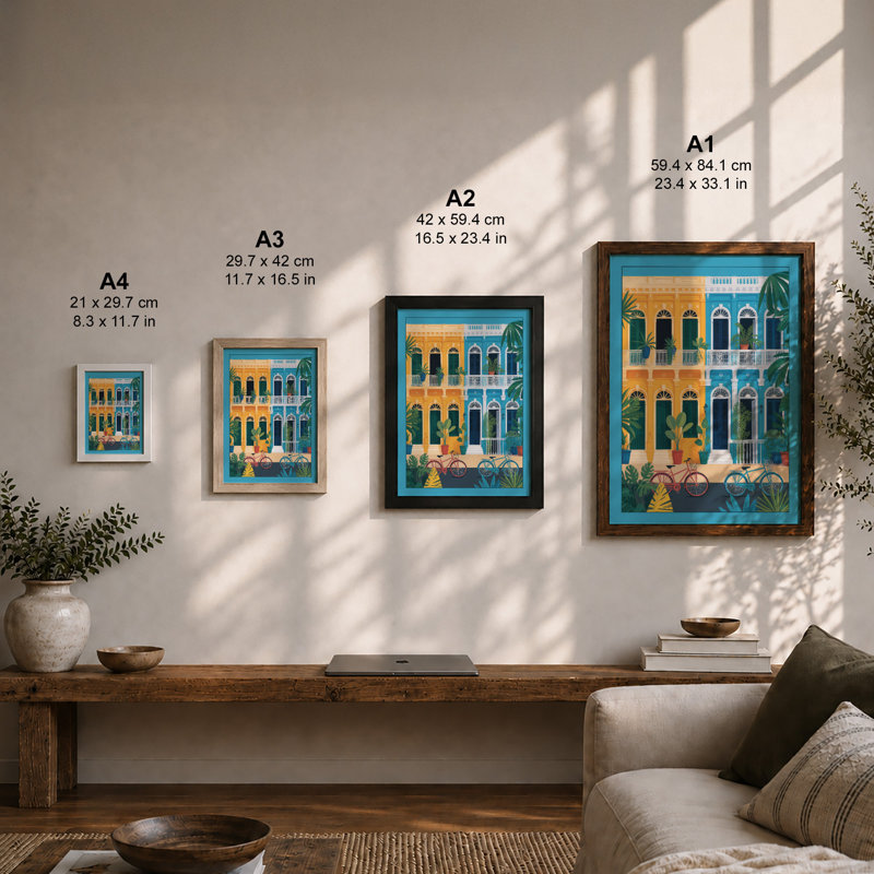 Colonial Facade With Bicycles Modern - Print, Unframed, A4 - 29.7 x 21.0 cm