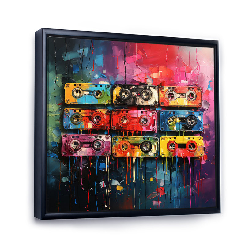 " Cassette Tapes Tangled Tunes III ", Black Floater Framed, 36" H x 36" W x 1.5" D