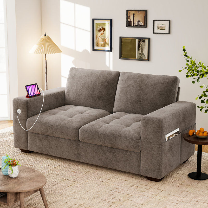 Canapé-lit en chenille 70 po Mireno avec poches de rangement et port USB, Brun