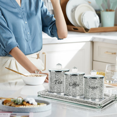 Topsky Coffee Sugar Tea Crystal Canister Set of 4,Sparkly Crystal Crushed Diamonds Home Decor,Silver Kitchen Coffee Jar Storage Set with Label & Lid,Storage Container Set for Countertop,Dining Room