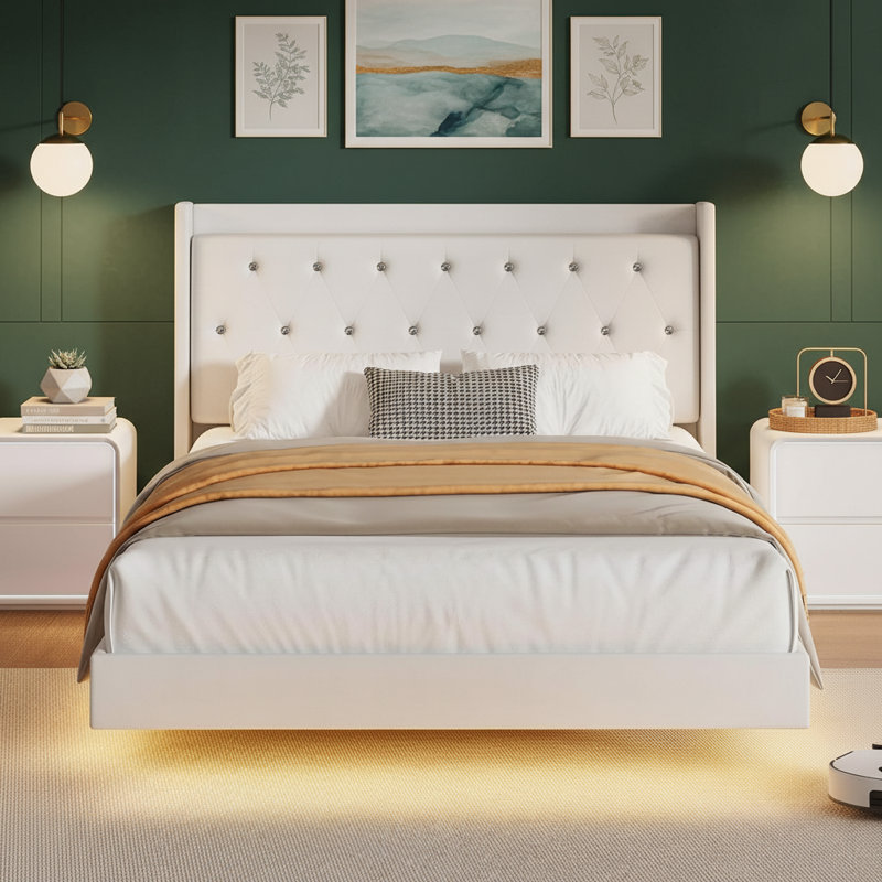 Bed Frame With LED Lights And Wingback, Full, White