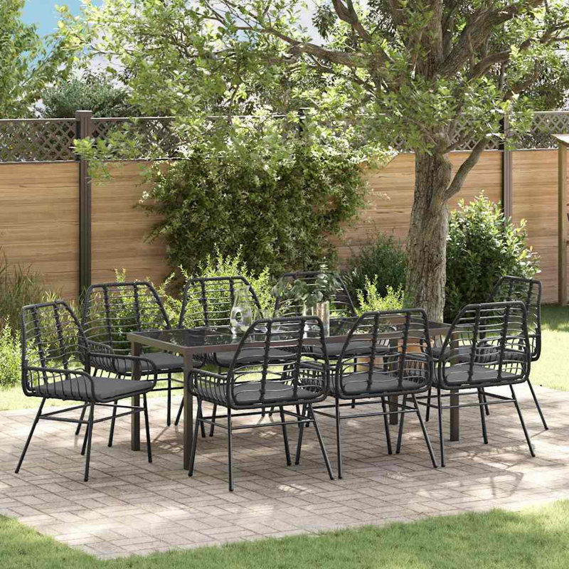  Ensemble de salle à manger de jardin 9 pièces en rotin de polyester noir, Gray Cushion/Black Frame, 8