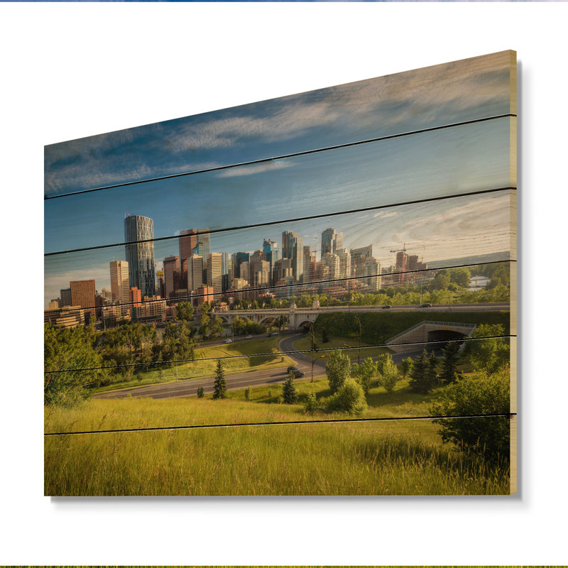Skyline de Calgary au lever du soleil sur bois, H 10 po x l 20 po x P 0,78 po
