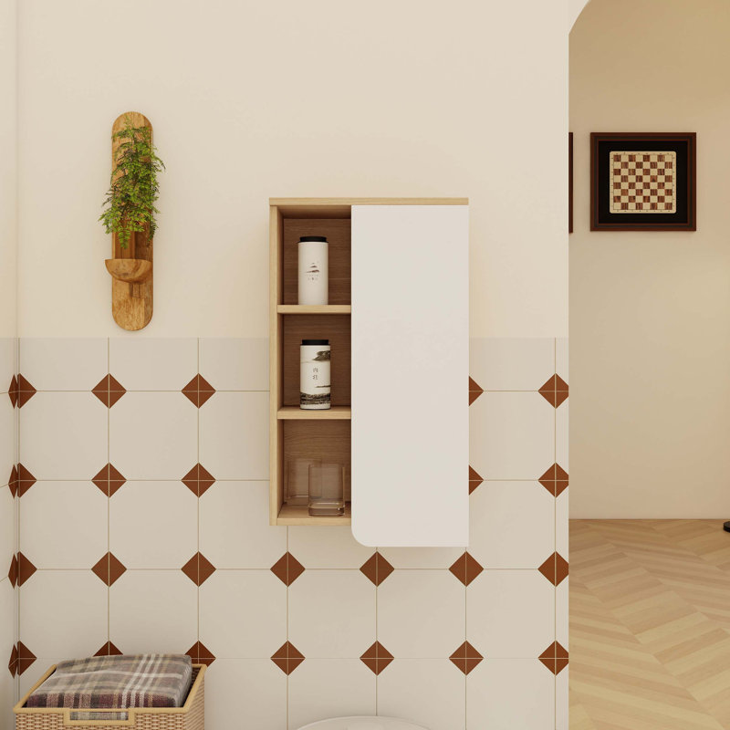 Armoire murale de salle de bain de 16 pouces avec tablettes ouvertes à 3 niveaux, rangement dissimulé, panneaux de porte interchangeables et contreplaqué résistant à l'humidité.