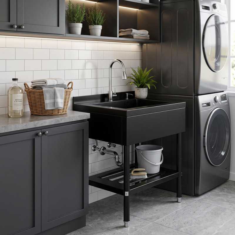Stainless Steel Utility Sink, Single Bowl Commercial Sink with Cold and Hot Water Faucet, Black+Silver