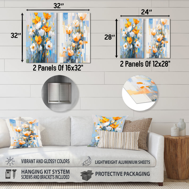 «Blue and Yellow Tulip Strip Expression» - ensemble de 2 reproductions d'art en métal, H 32 po x l 32 po
