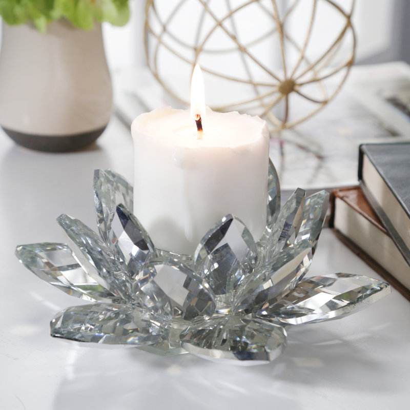 Iridescent Glass Crystal Lotus Votive Candle Holder, Silver, 3" H x 8.25" W x 8.25" D
