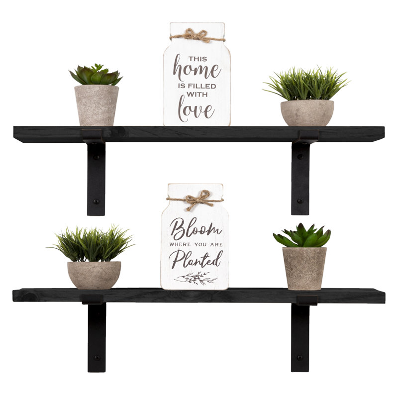 Jensenn 2 Piece Pine Solid Wood Bracket Shelf, Black, 24" x 5.5"