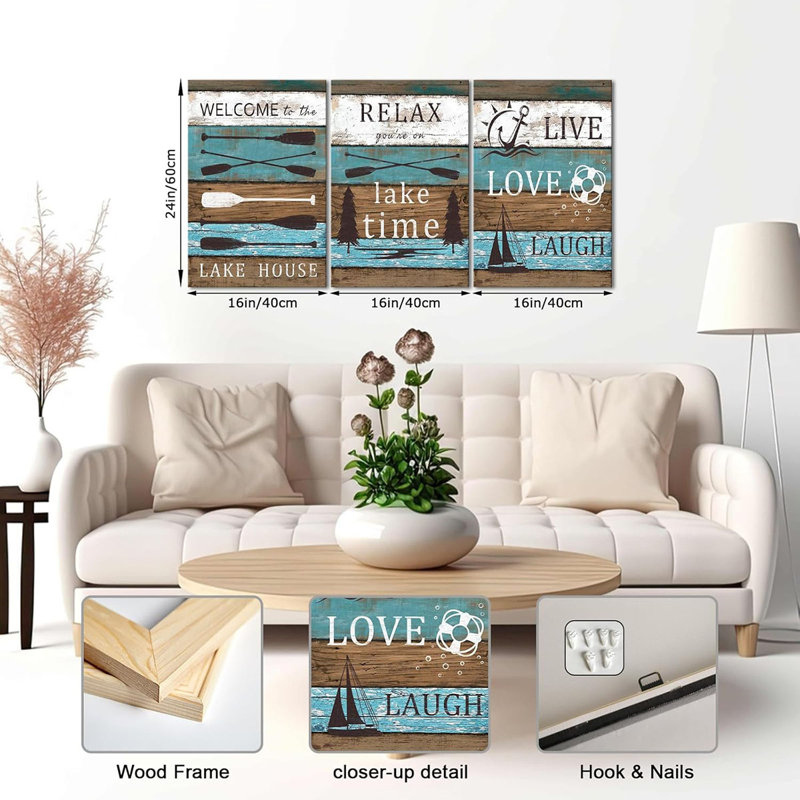 Lake Wall Art Teal Canvas Art Prints Lake Rules Picture Painting for Lake House Cabin Decor Framed 16x24 inch each piece
