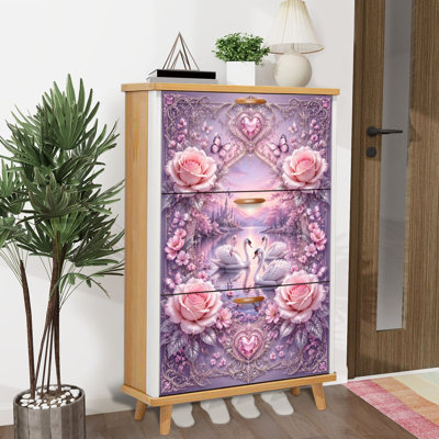 Shoe Storage Cabinet with 3 Flip Drawers for Romantic Swans Dreamy Lavender Lake Pink Roses Ornate Baroque Shoe Rack Storage Organizer
