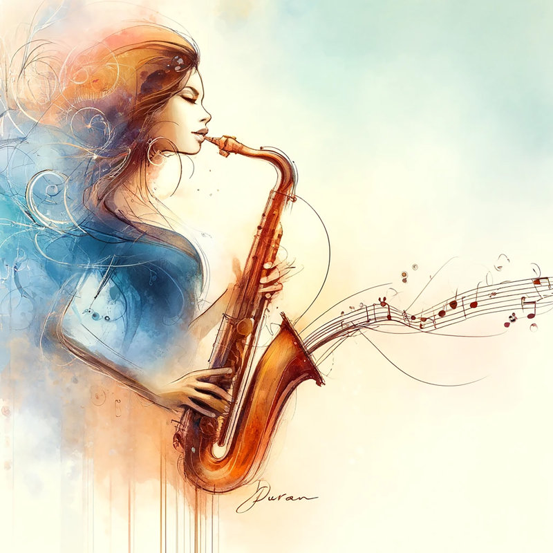 Jazz Harmony Saxophonist, aquarelle sur toile tendue, H 20 po x l 20 po x P 1,5 po