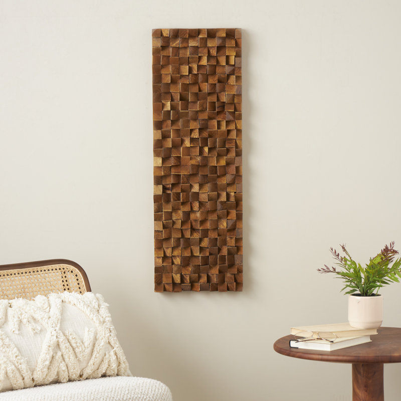 Mango Wood Handmade 3D Cube Inspired Panel Geometric Brown Wall Decor, 12" H x 35.5" W x 2.3" D