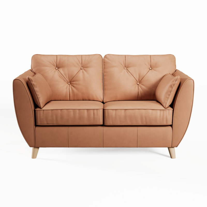 Marylin 2 Seater Leather Tufted Sofa, Saddle, Light Wood