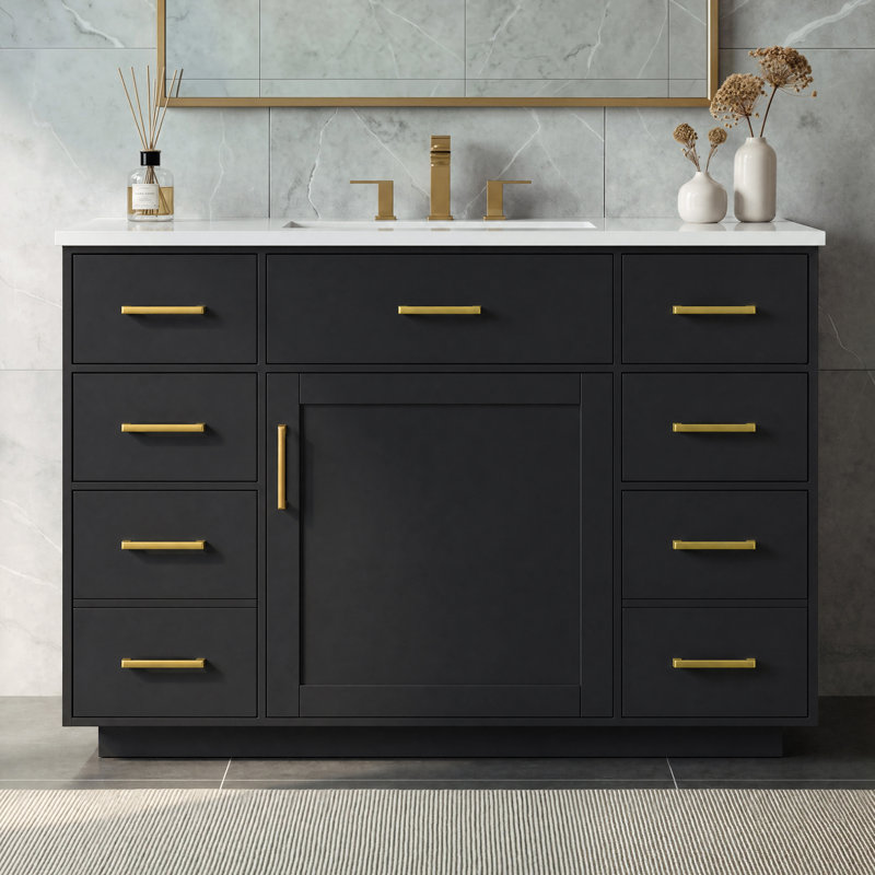 Meuble-lavabo de salle de bain de 122 cm (48 po) avec lavabo composite, 7 tiroirs et armoire, Black