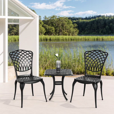Patio extérieur en aluminium coulé (3 pièces) - 2 chaises et 1 table ronde de conception classique noire, facile à assembler pour le jardin, le patio et le balcon
