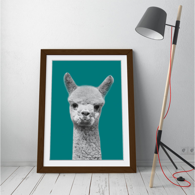 Happy Baby Alpaca Black And White - Single Picture Frame Print on Canvas, 47cm H x 35cm W x 2cm D, Brown Framed