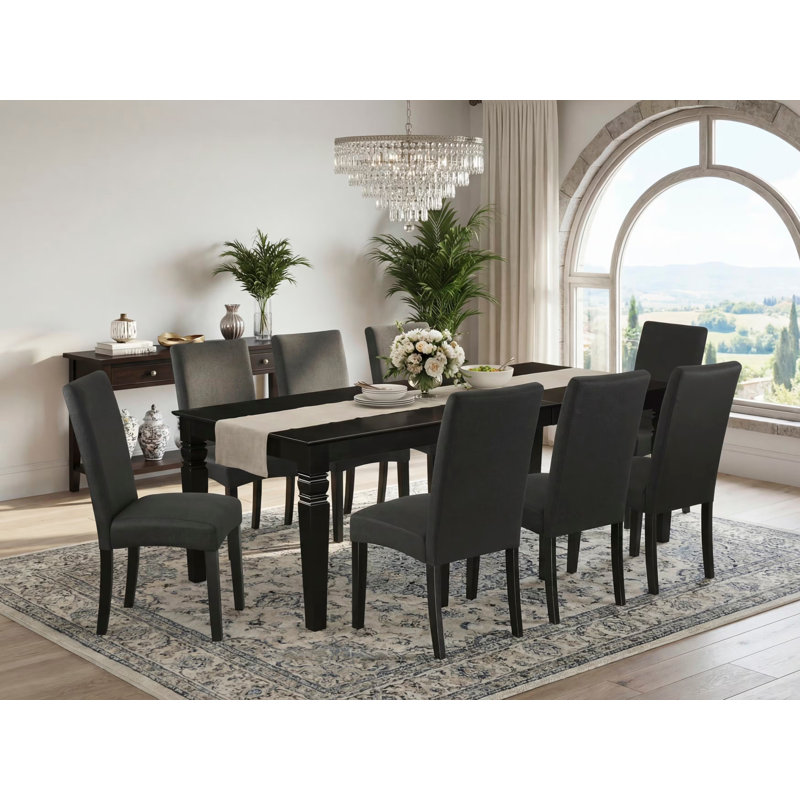 9 Piece Dining Room Set Includes a Rectangle Kitchen Table with Butterfly Leaf and 8 Black Color Linen Fabric Upholstered Chairs, 42x84 Inch, Black