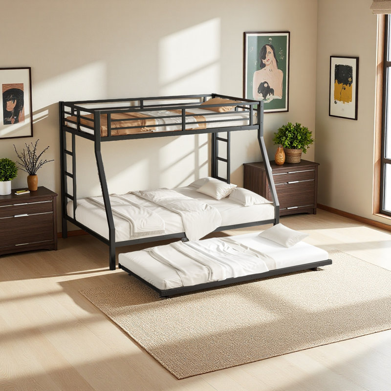 Metal Bunk Bed With Trundle, Black, Twin Over Full